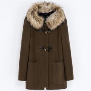 Zara Duffle Wool Green Coat with hood size XS